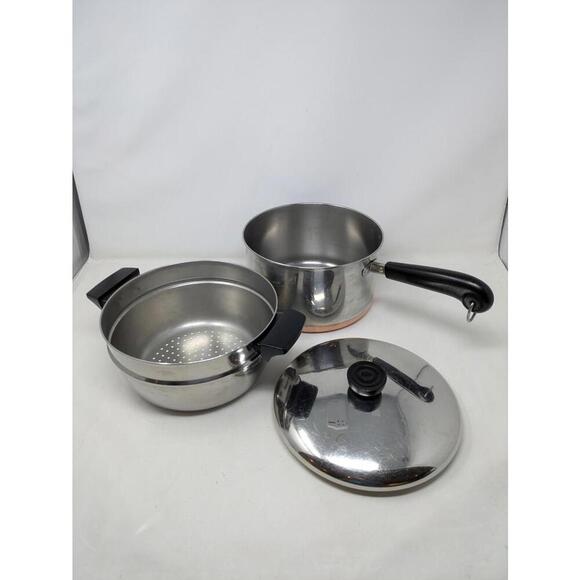 Other - Revere Ware 4 Qt Saucepan Pot w/ Lid & Strainer/Steamer Stainless & Copper Vtg
